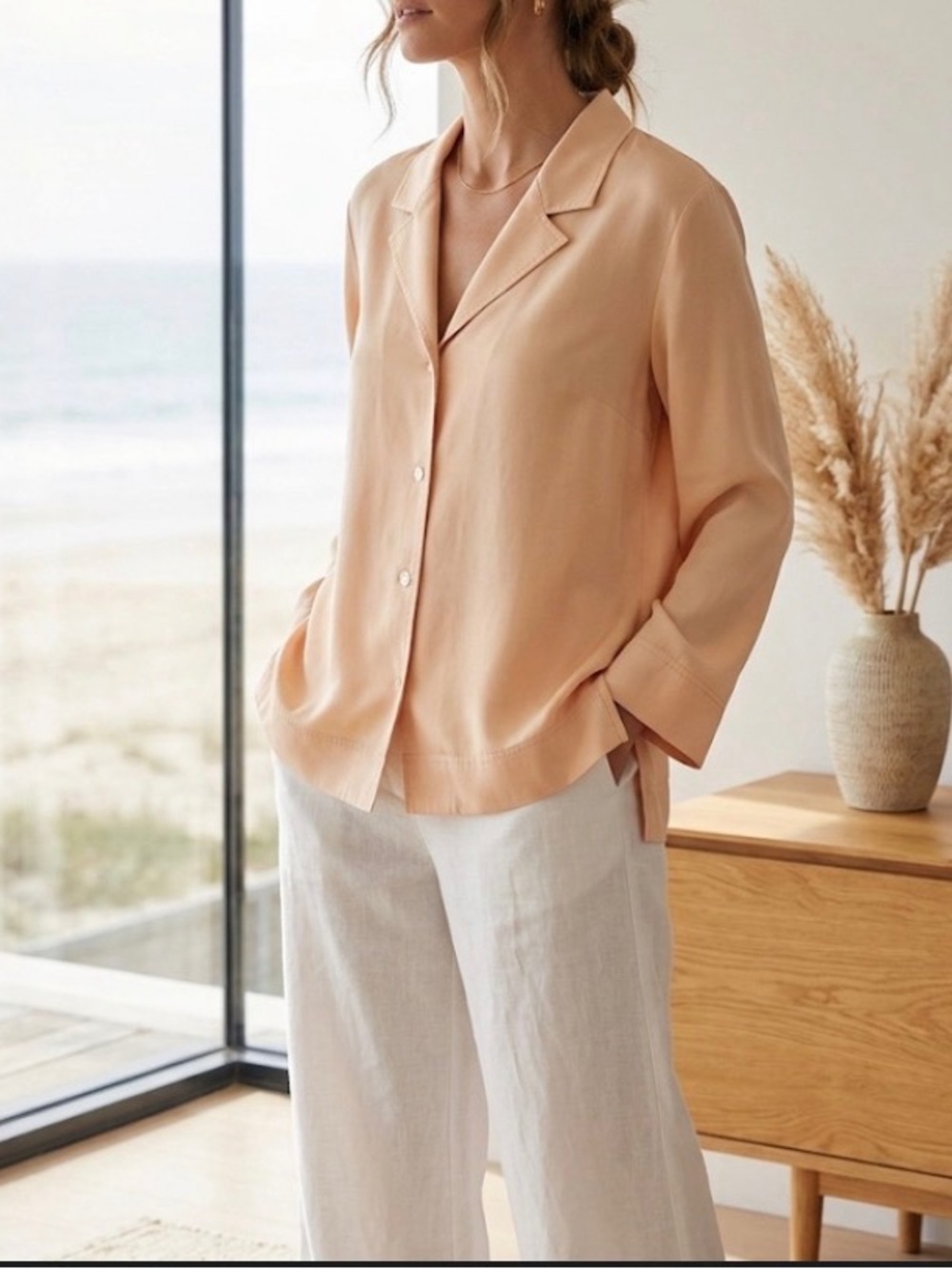 Vintage Blush 100% Silk Button-Up Blouse With Unique Square Buttons